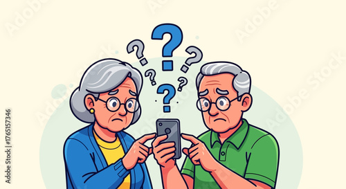 Elderly couple struggling with technology use concept, senior digital literacy