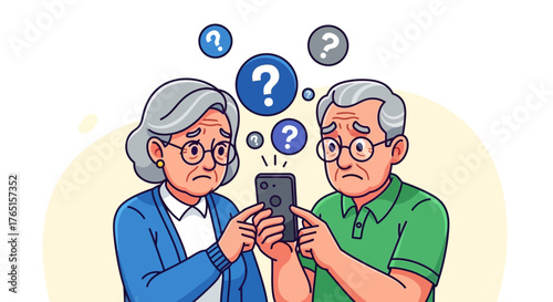 Confused elderly couple looking at smartphone with question marks above their heads