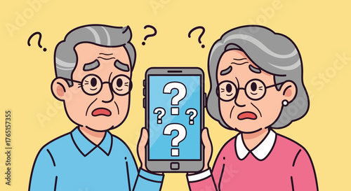 Confused senior couple looking at a smartphone displaying question marks cartoon