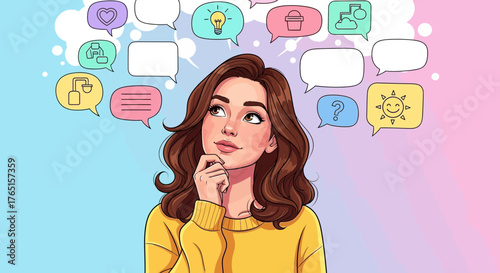 Cartoon illustration of a young woman thinking with thought bubbles above head
