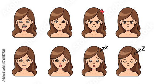 Cartoon girl expressions showcase an array of emotions, from joy to sleepiness