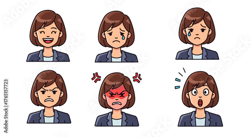 Collection of diverse woman emotion avatars portraying happiness, sadness and anger
