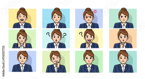 Diverse expressions of a woman in professional attire, capturing various emotions