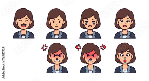Diverse emotional expressions of a cartoon woman in business attire