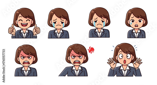 Diverse emotional expressions of a woman in professional attire cartoon illustration