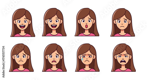 Cartoon girl expressing various emotions, including happiness, sadness, and anger