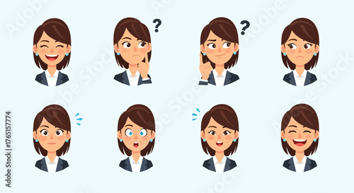 Diverse expressions of a businesswoman, reflecting various emotions and reactions