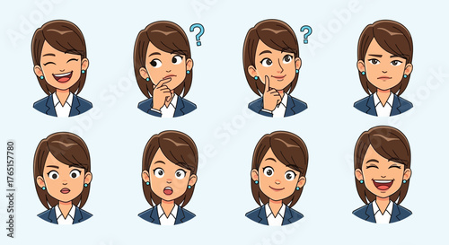 Cartoon Businesswoman with Varied Facial Expressions Demonstrating Emotions and Reactions