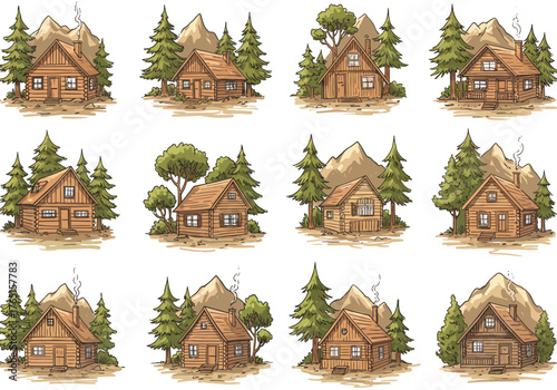 Detailed Collection of Wood Cabins in Varied Natural Settings, Pixel Art Style