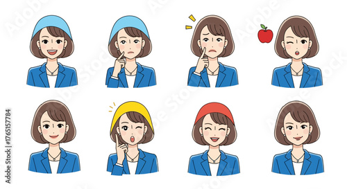 Diverse expressions of a young woman in a business suit with bob hairstyle