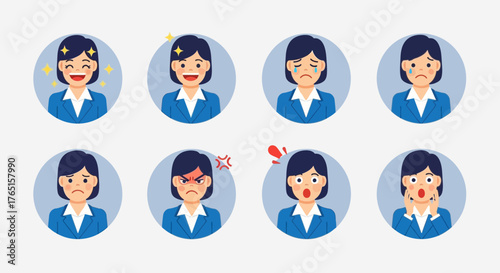 Businesswoman expressing diverse emotions through set of vector illustrations
