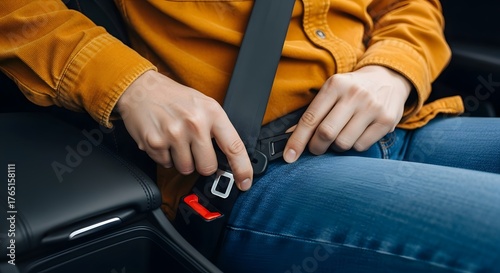 Safety First Driving Habit: Close-up of Driver Fastening Seat Belt Before Starting Journey in a Modern Car