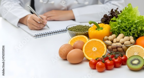 Title: Professional Nutrition Planning: Dietitian Writing Healthy Eating Plan with Fresh Fruits, Vegetables, and Protein on White Desk