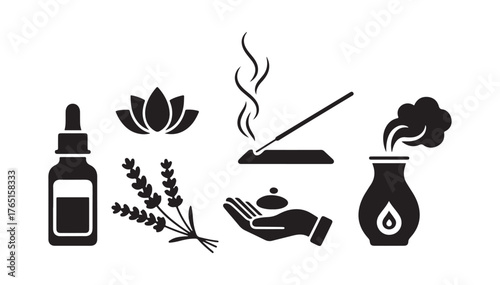 A set of icons for aromatherapy. A form of alternative medicine. A therapy focused on wellness. Vector graphic.