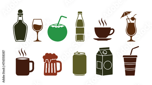 Set of drink icons featuring a bottle, wine glass, coconut, mineral water, tea, coffee, beer, soda can, juice, cup, and cocktail. Vector illustration