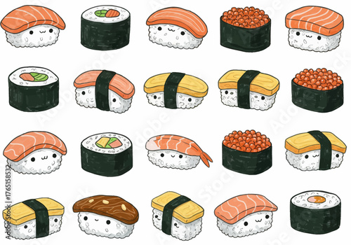 Cute Sushi and Maki Rolls Collection A Variety of Adorable Japanese Cuisine Icons