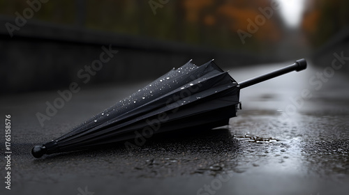 Forgotten in the Rain: An umbrella lies abandoned on a wet road, capturing the somber mood of a rainy day. Raindrops clinging to its surface.