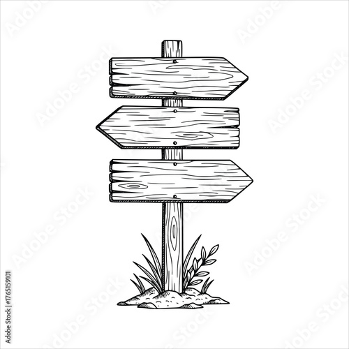 HandDrawn Wooden Signpost with ArrowShaped Signs.