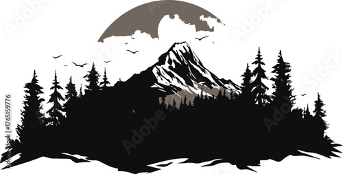 Silhouette of a majestic mountain peak surrounded by pine trees under a large full moon
