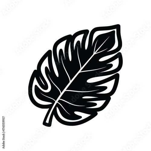Stylized Monstera Leaf Illustration with Bold Outline and Intricate Veins.