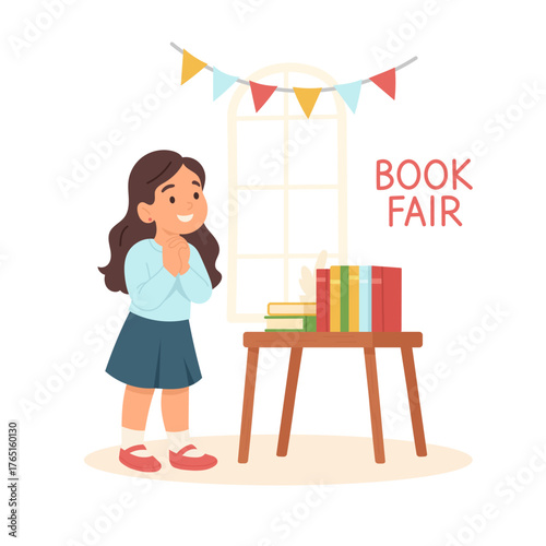 joyful girl reading, girl exploring books happily, cheerful girl observes picture books eagerly. Book fair.