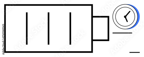 Battery icon with partially filled levels alongside a clock, symbolizing time, productivity, and energy conservation. Ideal for time planning, energy usage, technology, efficiency, productivity