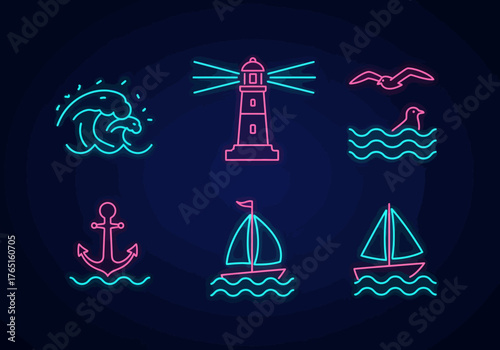 Neon Nautical Set Wave, Lighthouse, Seagull, Anchor, and Sailboats
