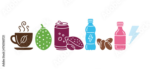 Set of color glyph icons for energy drinks on a white background. A cup of coffee. Guarana as an ingredient. A fizzy soft drink. A sports beverage. Guarana used as a stimulant.