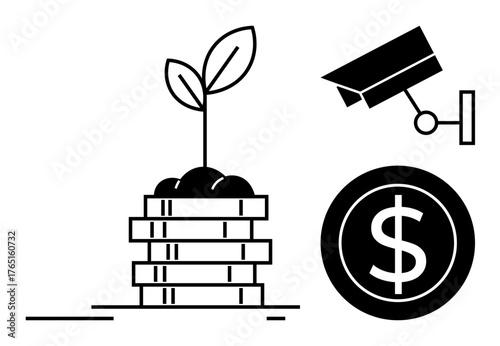 Plant sprouting from stacked coins represents financial growth dollar coin signifies wealth, and a security camera symbolizes safety. Ideal for finance, investment, security, growth, savings