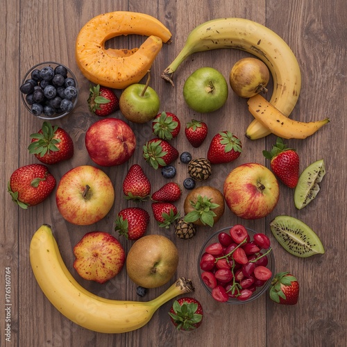 Vibrant assortment of fresh, ripe fruits artfully arranged on a rustic wooden surface, perfect for healthy eating and culinary inspiration.