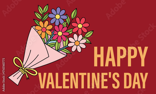 Cartoon flowers in a wrapped bouquet and the words Happy Valentines Day