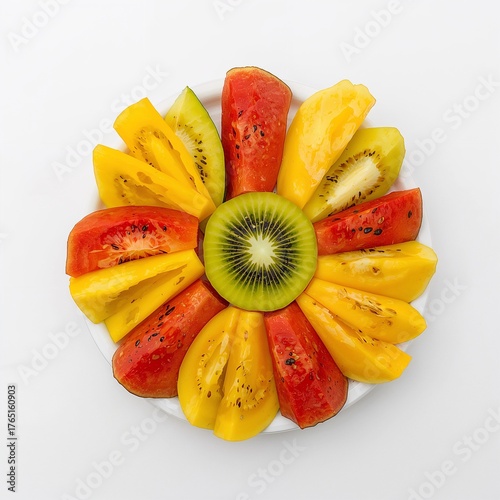 Vibrant fruit platter arranged like a colorful flower, showcasing fresh kiwi, yellow tomatoes, and red tomato slices for a healthy, delicious snack or appetizer.