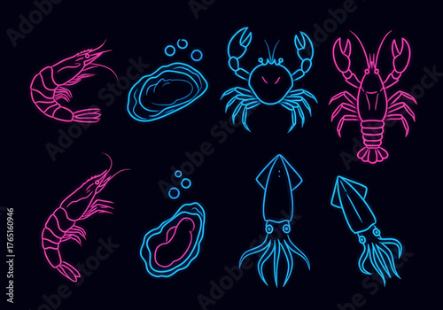 Vibrant Neon Seafood Collection Shrimp, Oysters, Crab, Lobster, and Squid Line Art