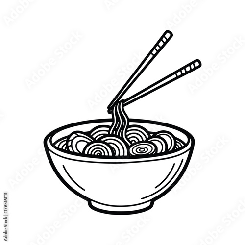 Bowl of Noodles with Chopsticks A Simple Asian Cuisine Illustration.