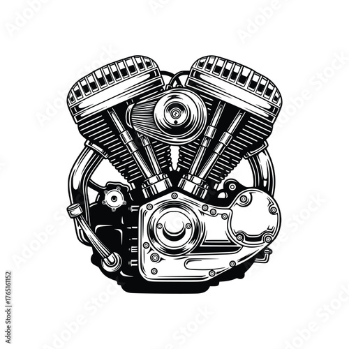 Detailed Black and White Illustration of a Motorcycle Engine.