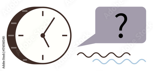 Analog clock with bold, modern design next to a speech bubble containing a question mark and abstract lines. Ideal for time management, deadlines, decision making, uncertainty, problem solving