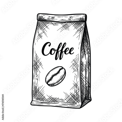 HandDrawn Coffee Bag Illustration with Bean.