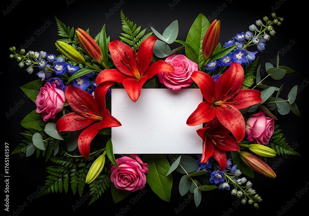 Obraz premium Creative layout made of flowers and leaves. Flat lay. Nature concept. Floral Greeting card. Colorful spring flower background with paper card note. Nature Trendy Decorative Design.