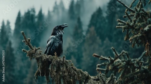A black bird perches on a pine branch, its beak open against a blurred forest background