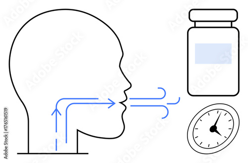 Head profile showing airflow, medicine bottle, and clock, symbolizing breath health, medication timing, therapy, respiratory care, time management wellness and self-care. A simple flat metaphor
