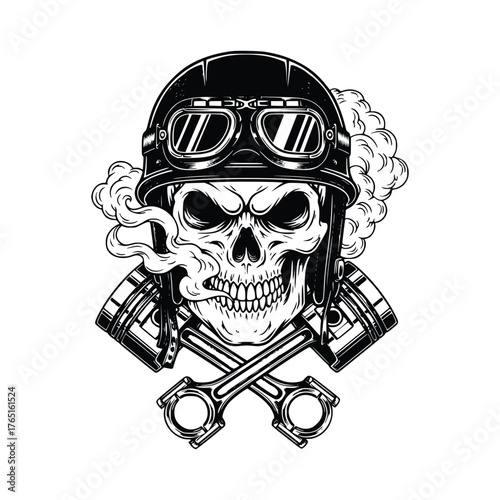 Skull Biker with Helmet and Pistons A Symbol of Rebellion and Speed.