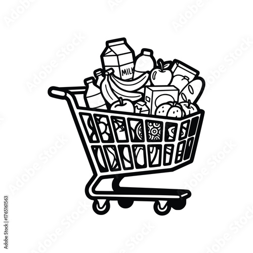 Shopping Cart Overflowing with Groceries and Food Items Illustration.
