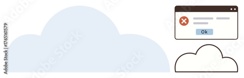 Cloud error interface with a pop-up warning symbol and confirmation button. Ideal for data storage, technology, troubleshooting, online services, application issues, IT support, simple flat metaphor