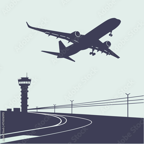 Airplane landing at airport vector illustration with control tower silhouette