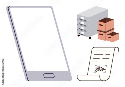 Smartphone, metal filing cabinet with storage boxes, and signed document scroll. Ideal for organization, digital transformation, e-signature, archiving, paperless workflows, data management simple