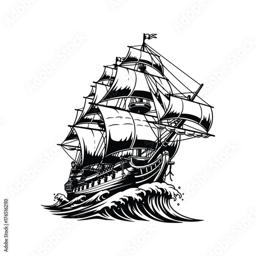 Detailed Illustration of a Sailing Ship Navigating Ocean Waves.