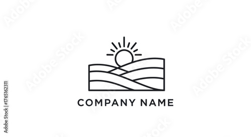 Minimalist landscape logo featuring sun and rolling hills for company branding.
