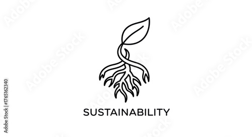 Stylized illustration of a plant seedling with roots and the word sustainability.