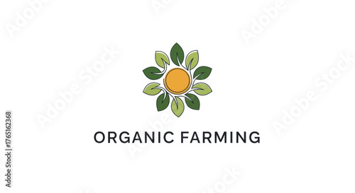 Organic Farming Logo with Green Leaves and Yellow Center.