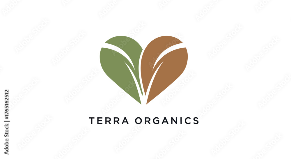 Fototapeta premium Terra Organics Logo Featuring Heart-Shaped Leaves in Green and Brown.